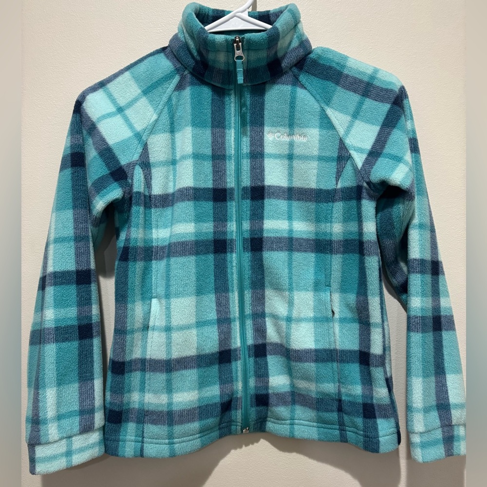 Columbia Girls Plaid Full Zip Fleece Jacket, Blue and White, Medium